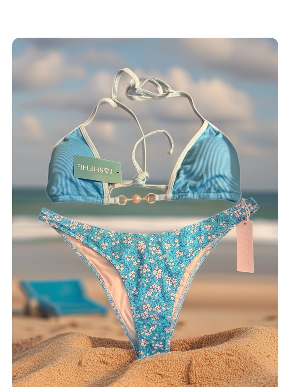 Tashehe Blue Ribbed Triangle Bikini Top & Floral Bottoms are Brite